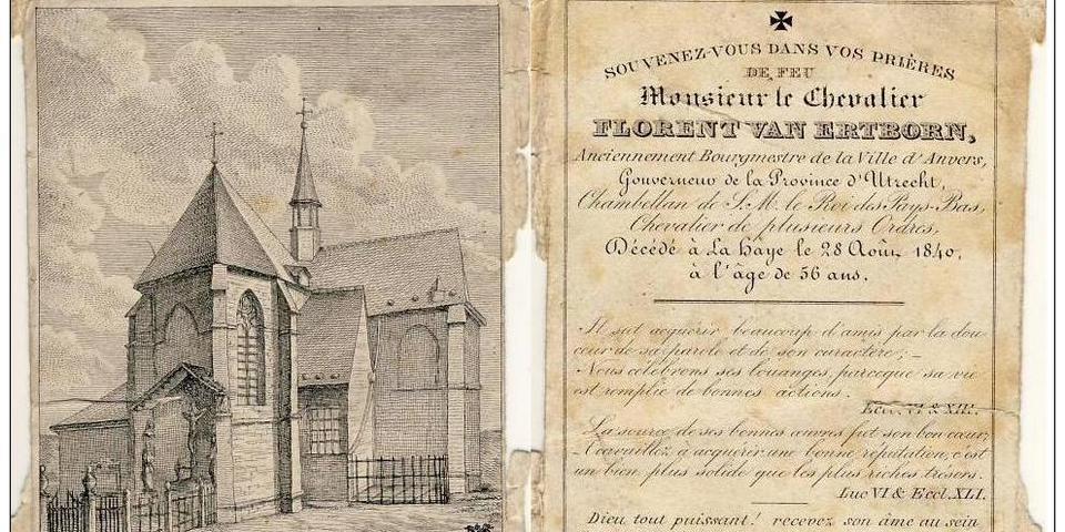 Bidprentje van Florent van Ertborn met een tekening van de Onze-Lieve-Vrouwekerk in Hoboken waar hij zijn laatste rustplaats heeft, 1840